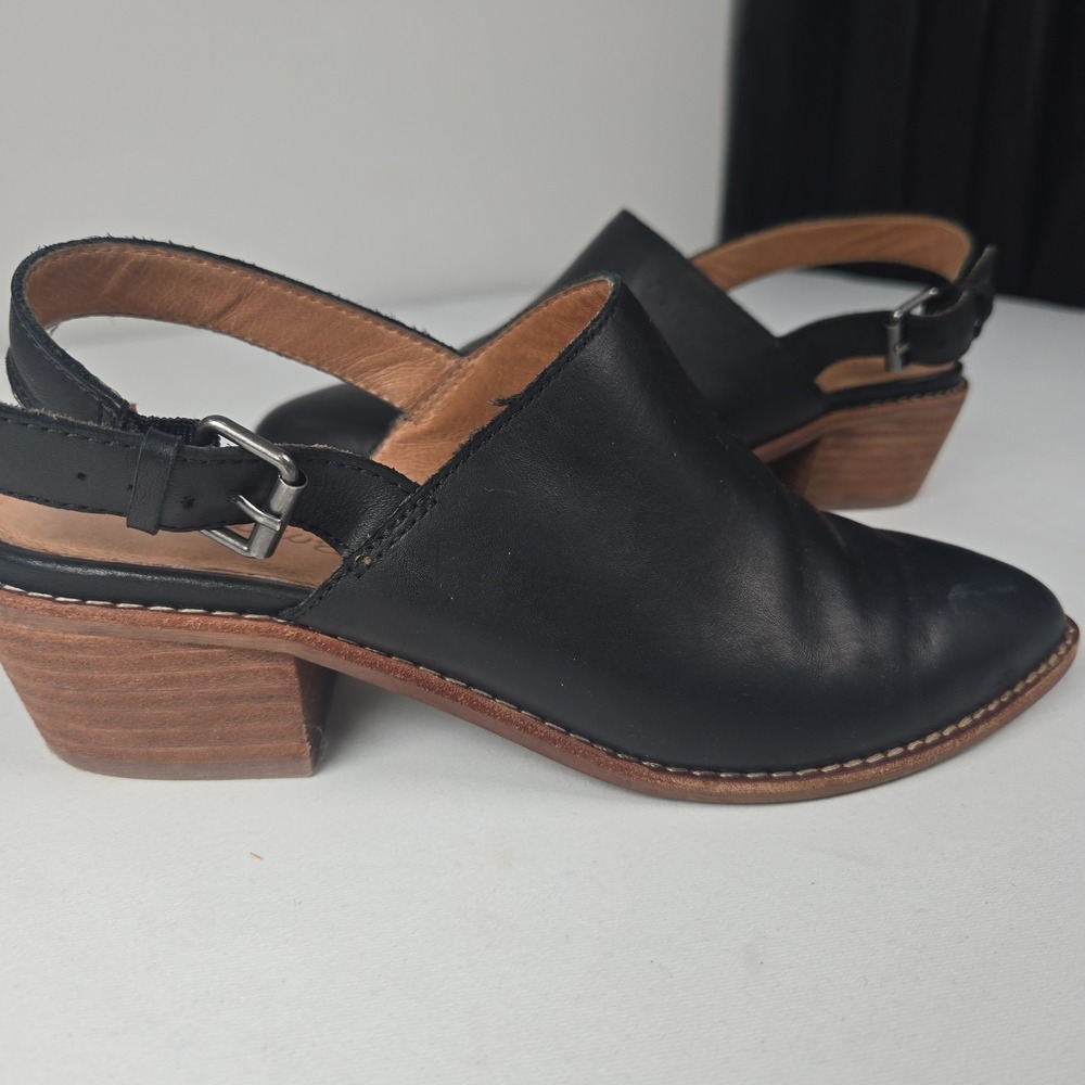 Madewell Sz. 6 Black Leather Mules Slingback Stacked Heel Style #AA167